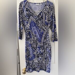 New York & Company Stretchy Blue Paisley Print 3/4  Sleeve Dress Medium